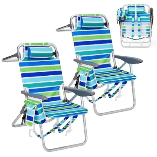 Backpack Beach Chair for Adults 2 PCS, Lightweight Portable Lay Flat Folding Beach Chair with 5 Reclining Positions, Backpack Straps, Phone Pocket image {9}