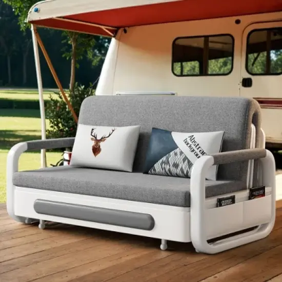 Luck Live Modern Patio Sofas 62.2in extendable pull Outdoor Sofa bed,Solid wood & White metal frame/Gray cushion with storage function image {15}