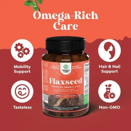 Flaxseed Oil 1000mg Softgels, High Potency Flax Seed Oil Softgels with Omega 3 6 9 for Heart Health, Digestion & Brain Support, Nature's Craft, 60ct image {1}