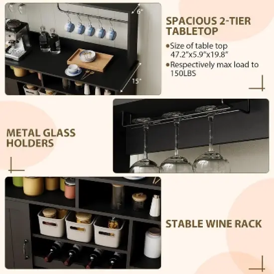 Modern Black Bar Cabinet with Wine Storage, Adjustable Shelves & Cup Rack - Kitchen Dining Room Coffee Bar Organizer image {2}