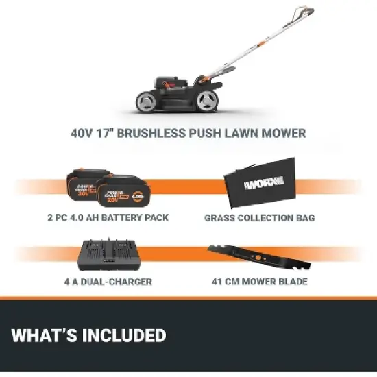 Worx WG745 40V 17'' Cordless Push Lawn Mower (2 Batteries & Charger Included) image {8}