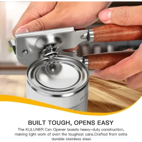 Manual Can Opener with Solid Wood Handle, Sharp Smooth Edge Blade image {2}