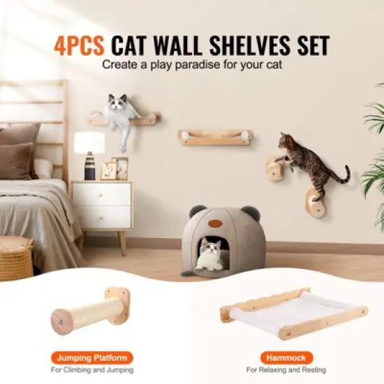VEVOR Wall Mounted Cat Shelves, Cat Wall Shelves and Perches with Jumping Posts & Hammocks, Cat Furniture Set up to 40 lbs, Beige image {2}