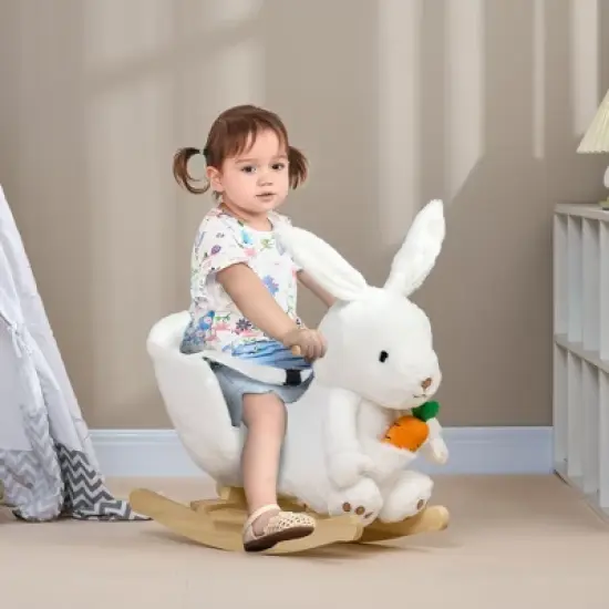 Cesicia Baby Rocking Horse, Bunny Rabbit Themed Rocker with Carrot Toy, Realistic Sound, & Pedals for Boy Girl Aged 18-36 Months, White image {8}