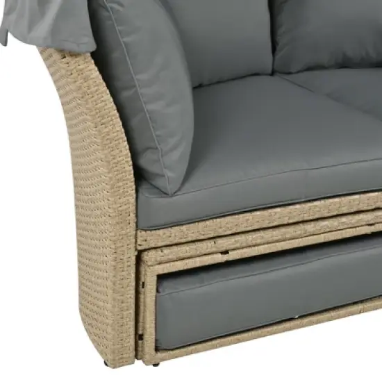 FIONECA Outdoor Patio Wicker Rattan Round Double Daybed with Retractable Canopy & 4 Pillows, Grey image {11}