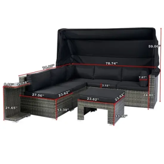 YOOCOZZ Outdoor PE Wicker Daybed & Sectional Sofa with Retractable Canopy and Removable Cushions - Black image {13}