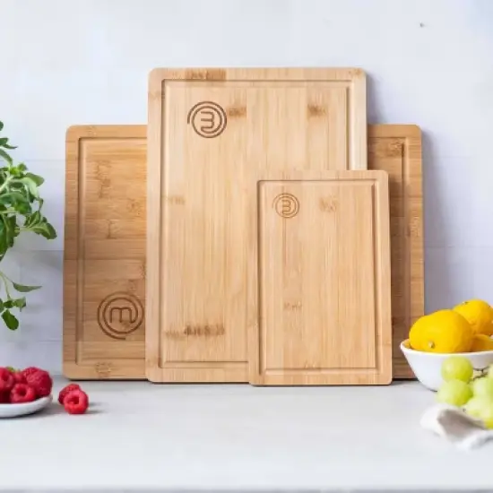 MasterChef 3pc Bamboo Cutting Board Set with Juice Grooves Essential Collection: Lightweight, Teak Brown, Hand Wash image {2}