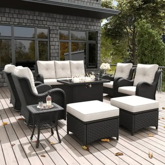 LayinSun Outdoor Patio Furniture Set, Black Rattan Wicker Sectional Swivel Rocker Chairs Sets with Ottomans, Swivel Glider Chair image {6}