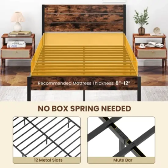 Costway Twin/Full/Queen/King Bed Frame with Tall Industrial Headboard Heavy-Duty Metal Slats Support Brown image {7}