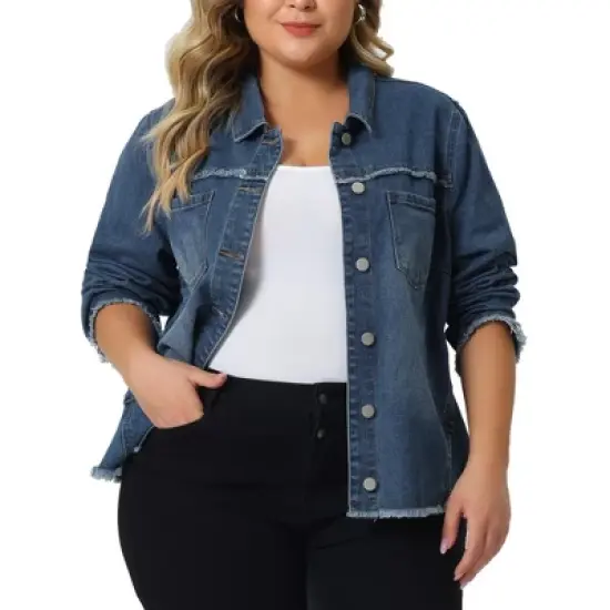 Agnes Orinda Women's Plus Size Button Up Frayed Hem Long Sleeve Casual Jean Jacket image {5}