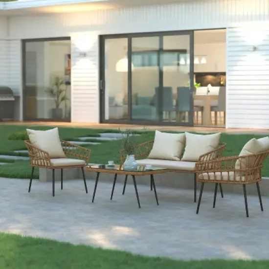 Emma and Oliver Four Piece Indoor/Outdoor Boho Open Weave Natural Rattan Rope Patio Set with Two Chairs, Loveseat and Table with Cushions image {5}