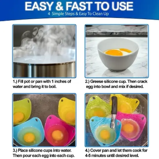 5 Star Super Deals Egg Poacher Silicone Cup 4pc Set - Microwave & Stovetop Boiler Safe Poaching Pan, Steamer, & Boiler Floating Insert Cooking Pods image {1}