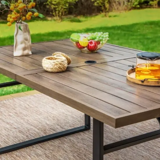 7pc Patio Dining Set with Faux Wood Rectangular Table with Umbrella Hole & Folding Reclining Chairs - Captiva Designs image {2}