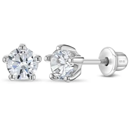 Girl's Classic CZ Birthstone Solitaire Screw Back Sterling Silver Earrings - In Season Jewelry image {5}