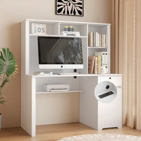 PAGED Computer Desk with Hutch and Bookshelf, Wood Executive Desk Teens Student Desk with Drawers, 3 AC Outlets and 2 USB Charging Ports, White image {1}