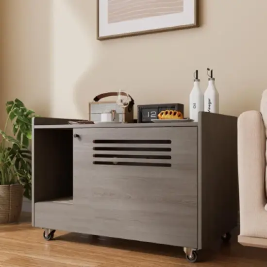 DOMETOUR Gray Cat Litter Box Enclosure, Hidden Litter Box Furniture with Top Fence, Wooden Pet House Side Table, Storage Cabinet for Bedroom image {1}