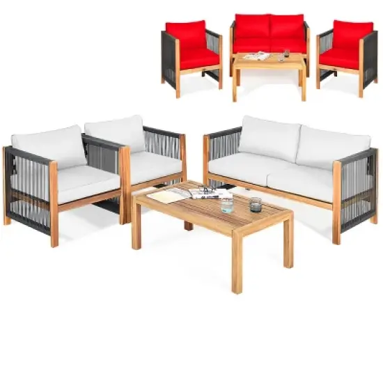 Costway 4 PCS Wood Outdoor Patio Furniture Set with Cushions White Red Cushion Cover Sets White+Red/Turquoise image {10}