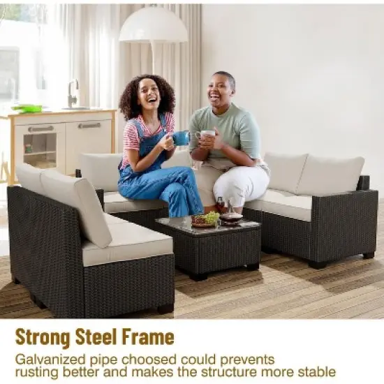 8 Piece Patio Furniture Set, Natural Rattan Wicker Outdoor Sectional with Cream Cushions, Glass Top Table & Hidden Storage image {5}