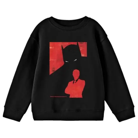 Batman Bruce Wayne Silhouette on a Red Background Youth Black Crew Neck Sweatshirt image {1}