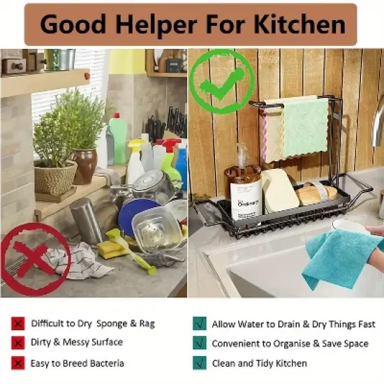 Hachikiko Large Expandable Sink Organizer - Black Retractable Storage Basket with Drain Holes for Sponges, Soap & Cleaning Supplies image {4}