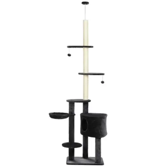 MaseiKar Adjustable Height Floor-To-Ceiling Vertical Cat Tree with Carpet Platforms, Condo & Rope Scratching Areas, Dark Grey image {7}