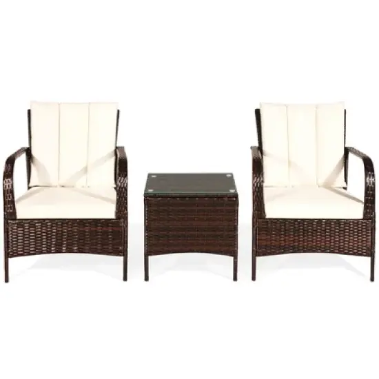 Tangkula 3PCS Patio Outdoor Rattan Conversation Set Furniture Set w/ Table Cushions image {10}