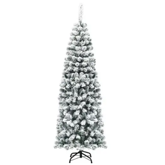 Costway 4.5/6/7.5 Ft Unlit Hinged Snow Flocked Artificial Pencil Christmas Tree with 242/500/641 Branch image {8}