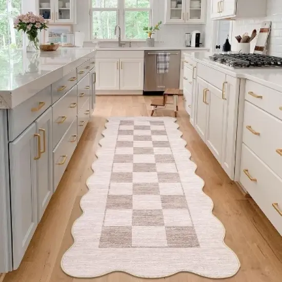 Checkered Rug Washable Rug for Living Room Non Slip Indoor Scalloped Printed Carpet Low Pile Neutral Rugs Soft Floor Cover for Bedroom Nursery image {2}