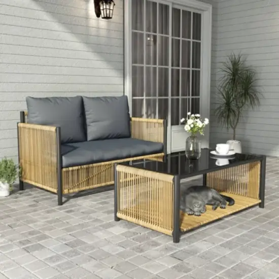 FIONECA 4-Piece Outdoor Brown PE Wicker Sofa Set with Grey Cushions, Sectional Patio Furniture for Backyard, Garden, Porch, Balcony image {4}