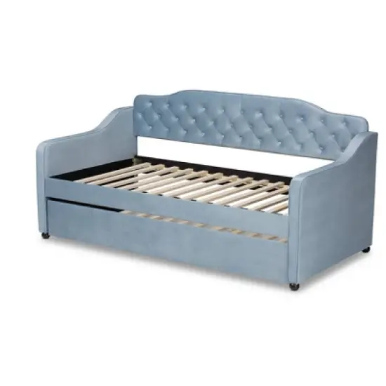 Twin Freda Velvet Tufted Daybed with Trundle Light Blue - Baxton Studio image {3}