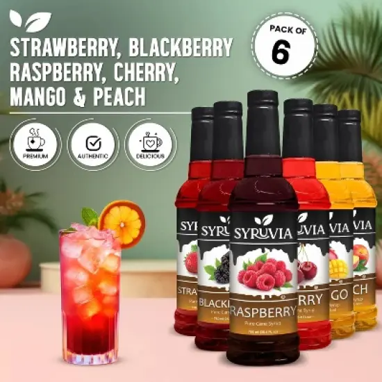 Syruvia Coffee Flavors Variety Pack: Strawberry, Blackberry, Raspberry, Cherry, Mango & Peach 25.4 fl oz Syrup image {1}