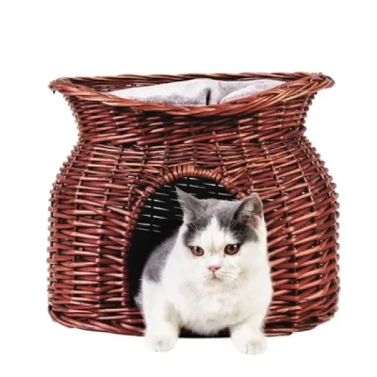 2 Tiers Handwoven Rattan Elevated Cat Bed Raised Wicker Pet Basket Indoor with 2x Soft Cushion image {5}