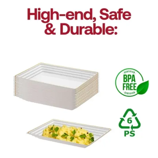 Smarty Had A Party 9" x 13" White with Gold Rim Rectangular Plastic Serving Trays - 15 pcs image {3}