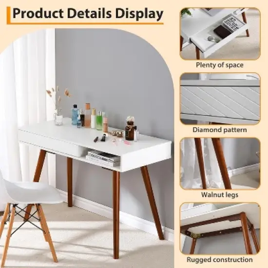 Acekool 42" Mid-Century Modern Computer Desk with Drawer and Open Storage Cubby, Home Office Desk for Gaming, Study, Writing, White image {4}