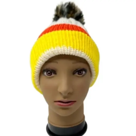 Child Halloween Candy Corn Handmade Knit Beanie Hat Removeable Pom image {1}