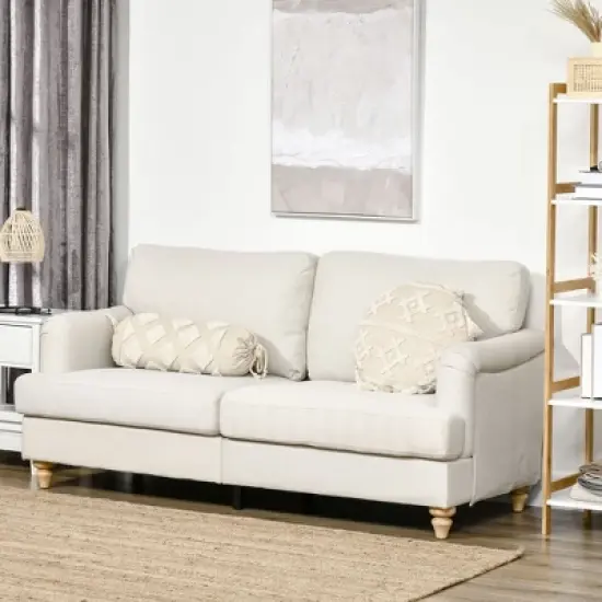 HOMCOM 3-Seater Sofa Couch, 71" Modern Linen Fabric Sofa with Rubber Wood Legs and Slatted Frame for Living Room, Bedroom and Apartment, Cream White image {2}
