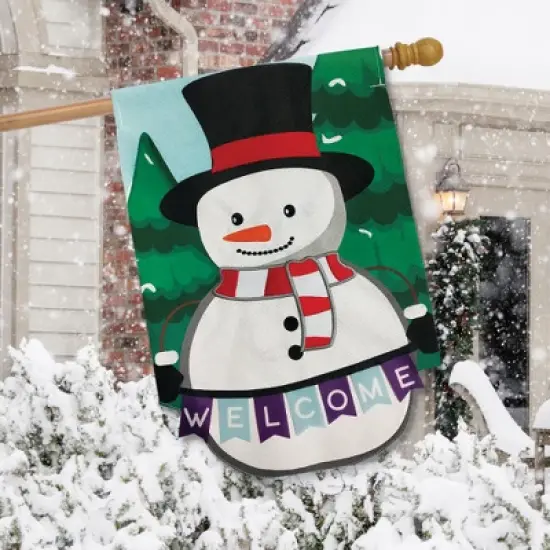 Winter Snowman Burlap House Flag Welcome Top Hat 28" x 40" Briarwood Lane image {2}