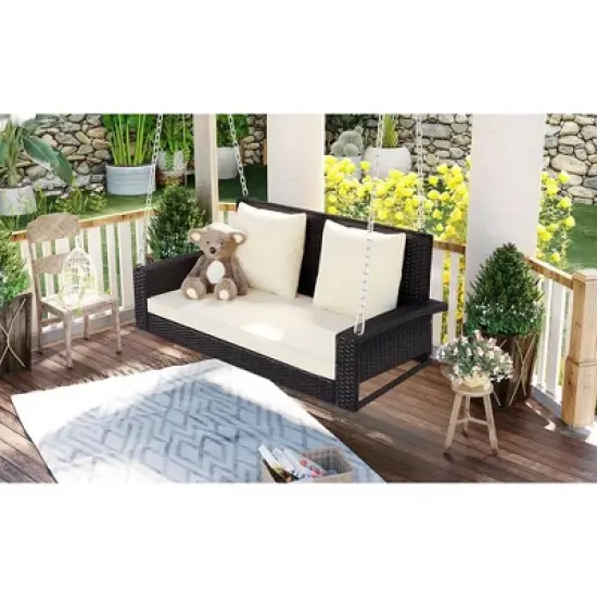 TIRAMISUBEST 2-Person Wicker Hanging Porch Swing with Chains,Cushion,Pillow,Rattan Swing Bench for Garden,Backyard,Pond image {4}