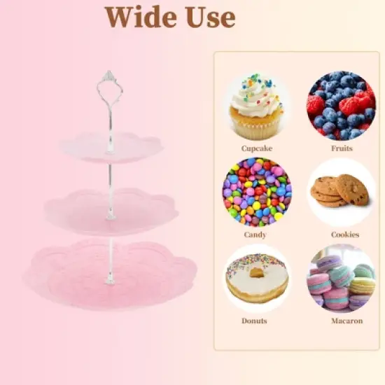 Unique Bargains 3 Tier Dessert Cupcake Stand Holder Round with Tiered Serving Tray for Donuts Fruits Pink Silver Tone image {4}