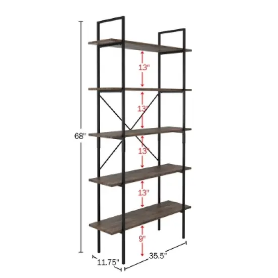 Lavish Home 5-Tier Freestanding Bookshelf &ndash; Open Industrial Style Etagere Wooden Shelving, Brown Woodgrain image {1}