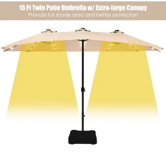 Costway 15Ft Patio Double-Sided Solar LED Market Umbrella Crank Base BeigeTanOrangeBurgundy image {4}