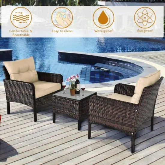 Costway 3PCS  Patio Rattan Conversation Set Cushioned Sofa Chair for Garden image {4}