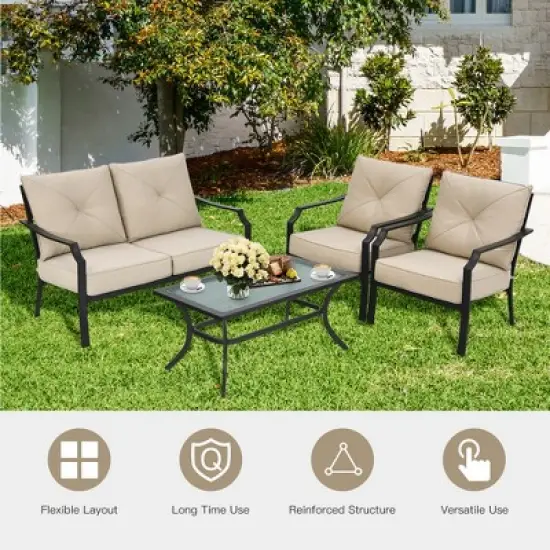Costway 4 PCS Patio Furniture Set Cushion Sofa Loveseat  Sectional Garden Deck Poolside image {4}