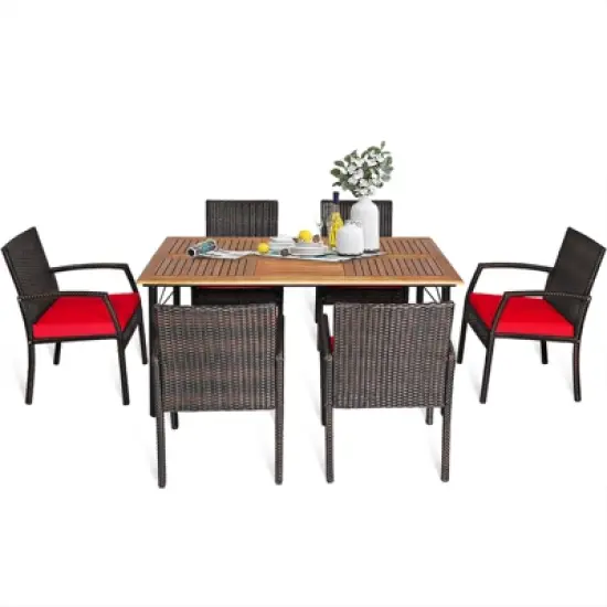 Tangkula 7- Piece Patio Dining Furniture Set Acacia Wood and Wicker Dining Table Armchairs Navy/Red/White/Turquoise image {8}