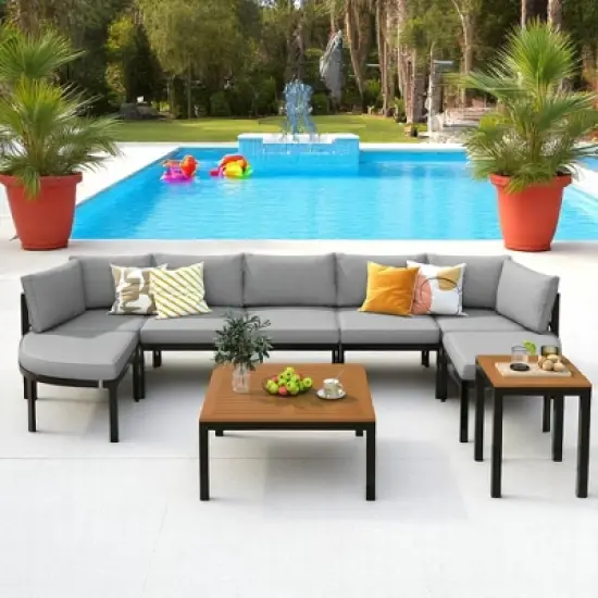 6-Piece Outdoor Patio Sectional Sofa Set with WPC Coffee Table, Side Table, Water-Resistant Cushions,outdoor Conversation Set image {2}
