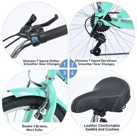 INFURNIC Bicycles 7 Speed Beach Cruiser Bike with Steel Frame and V Brakes for Women Commuter and Leisure Riding, Mint Green, 69.96"*28.32"*43.2" image {1}