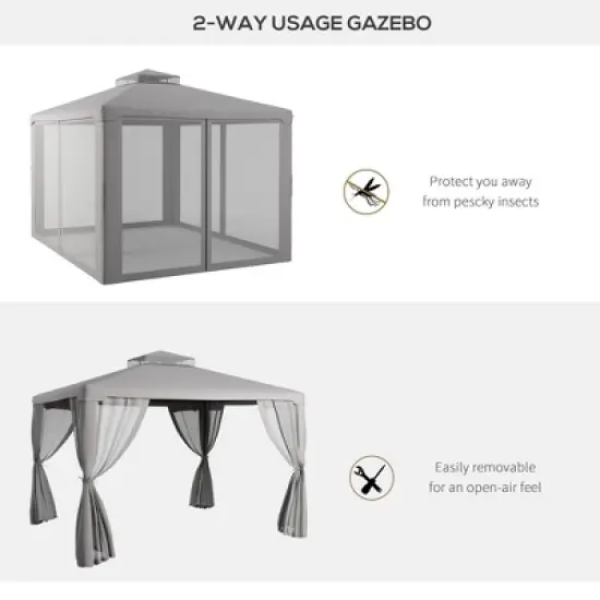 DOMETOUR 9.6' x 11.6' Patio Gazebo with 2-Tier Roof & Netting, Steel Frame for Garden, Lawn, Backyard, Deck, Gray image {7}