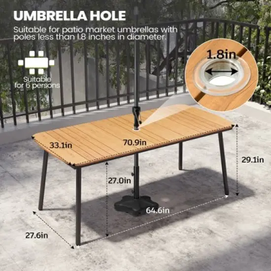 Crestlive Products 7pc Outdoor Dining set for 6 People Patio Rectangle Table Aluminum Frame with Wood-Like Tabletop and Umbrella Hole image {2}