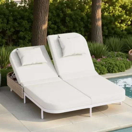 Outdoor Patio Iron Frame Double Daybed Sunbed with 5-Position Adjustable Backrest and Pillows image {13}