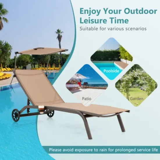 Tangkula 1PC/2PCS Outdoor Chaise Lounge Chair Mobile Tanning Chair w/ 6 Reclining Positions Adjustable Canopy Shade Cup Holder & Wheels image {6}
